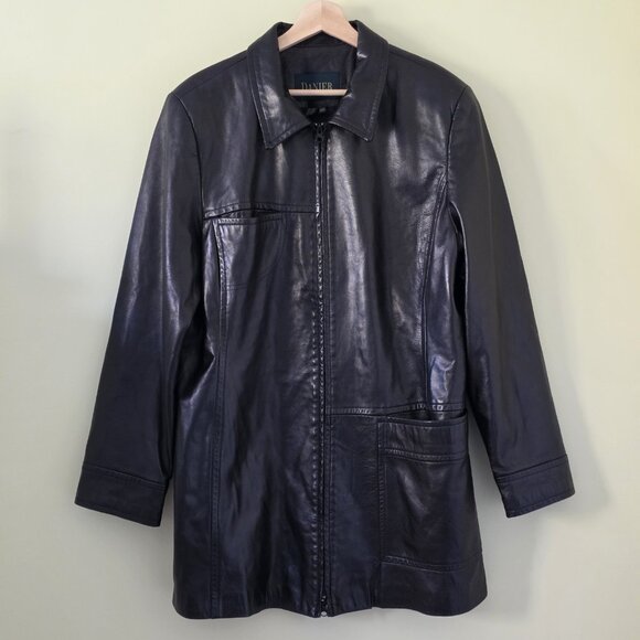 Danier Jacket Womens XL Brown Leather Pockets Zip Lined LS Classic Collar Mature - Picture 1 of 16
